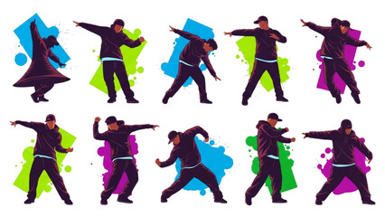 Energetic Street Dance Moves Collection with Stylized Graphic Design Elements on White Background