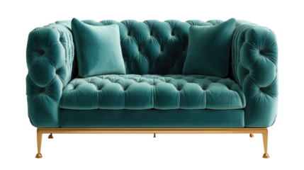 Luxurious teal velvet tufted sofa with elegant gold legs and two matching throw pillows, isolated on a transparent background. background removed