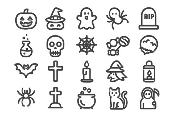 Fototapeta premium Spooky Halloween symbols set featuring pumpkin ghost skull spider witch and gravestone
