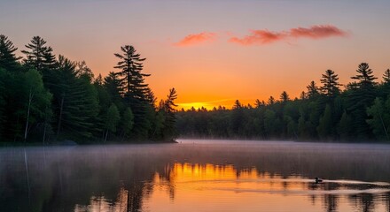 Fototapeta premium Sunrise Serenity - A Tranquil Lake Scene at Dawn.