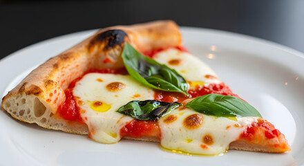 Indulge in a mouthwatering Neapolitan pizza slice topped with fresh mozzarella, vibrant tomato sauce, and aromatic basil leaves, perfect for culinary content.