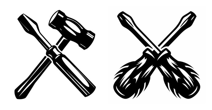 Crossed screwdrivers and hammer design symbolizing repair renovation construction manual labor