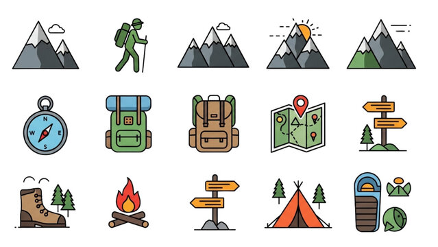 Outdoor Adventure Icons Camping, Hiking, and Navigation Set