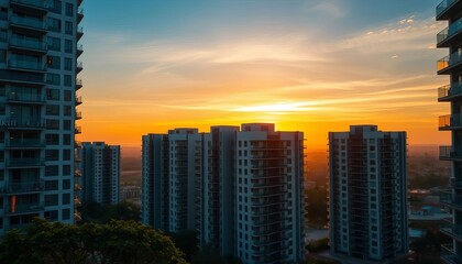 Fototapeta premium Modern high-rise apartment building exterior at sunset, development, architecture
