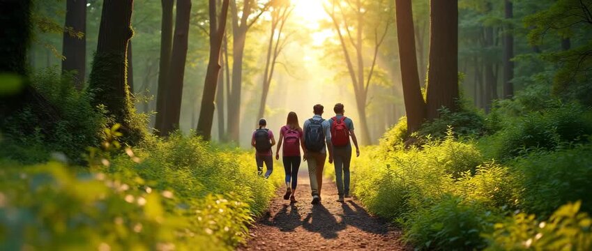 A group of hikers walks along a sunlit forest trail as the camera slowly pans, capturing the serene ambiance and gentle sway of leaves in this cinematic nature exploration video.