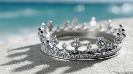 Silver crown with diamonds on sandy beach by the ocean.