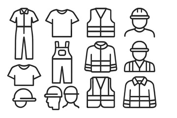 Personal protective equipment and workwear icons for construction and industrial safety