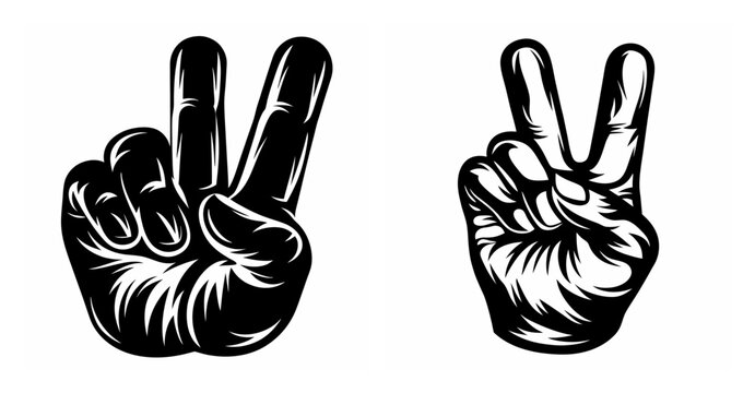 Two expressive black and white hands making the peace symbol in a striking graphic art style