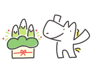 門松を飾って正月をお祝いする白馬キャラクター　新年素材　万歳