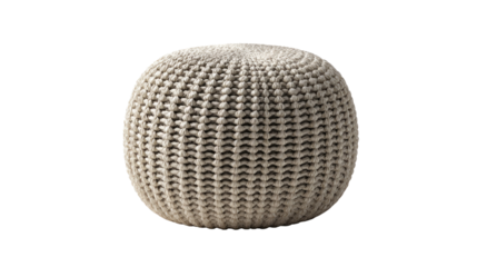 A round, beige knitted pouf or ottoman with a distinct woven texture, isolated on a transparent background, highlighting its cozy, comfortable design. background removed