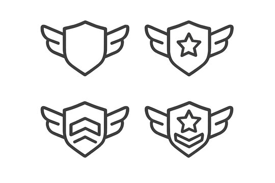 Outline icons of winged shields featuring stars and chevron symbols for ranking