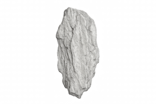 A single light gray textured rock with vertical striations and a rough, craggy surface, showcasing its detailed geological formation and natural mineral patterns