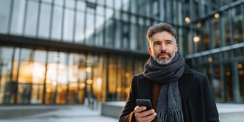 Caucasian man with gray beard and scarf in the winter season looking up, holding smartphone. Urban concept with office building background.