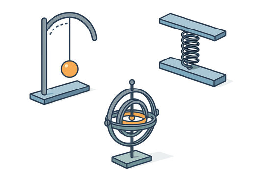 Isometric physics experiments set with pendulum, spring, and gyroscope apparatus