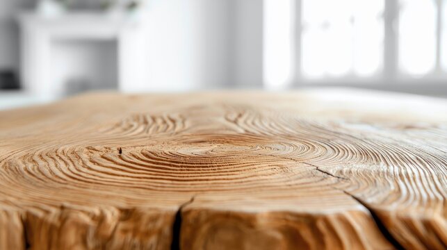 A textured, close-up view of a rustic wooden table surface. The focus is on the natural grain and rings of the wood, with a blurred background suggesting an ind