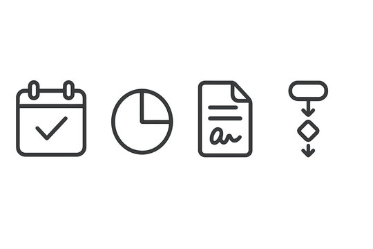 Essential business management symbols for scheduling, data analysis, contract signing, and workflow process