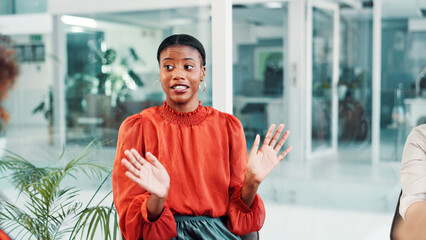 Woman, talk and explain in office with meeting, fashion designer collaboration and creative idea. Person, discussion and brainstorming in workplace for clothing collection, style inspiration or plan.