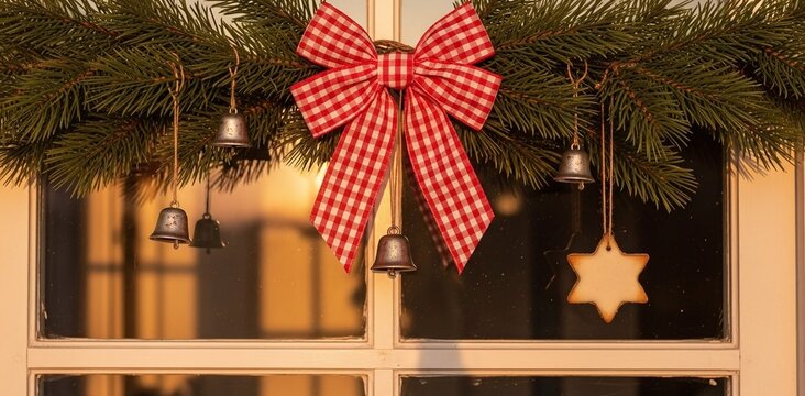 Christmas window decorations with a red and white checkered bow, green fir branches, silver bells, and a star cookie, creating a cozy holiday atmosphere