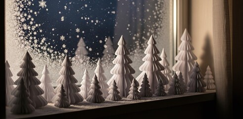 Paper christmas trees decorating a window sill, creating a festive winter scene with a frosted windowpane revealing a serene snowy night outside