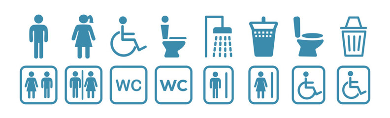 Washroom signs. WC icon set. Toilet, restroom, man and woman, bathroom, disabled, dumpster, toilet paper, infant -stock vector.