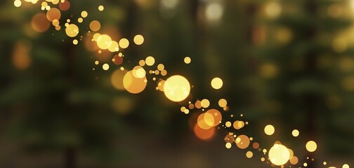 Abstract golden bokeh lights creating a sparkling diagonal stream against a dark, blurred natural background, evoking a festive and magical atmosphere with soft, warm illumination