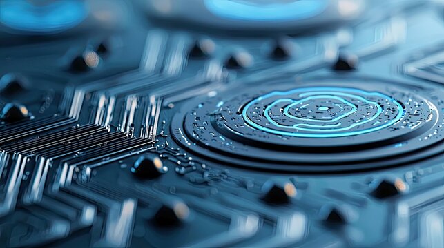 Abstract close-up of a complex circuit board with glowing blue lines and intricate patterns, suggesting advanced technology and data flow.