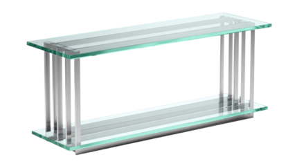 Elegant two-tier console table featuring clear glass shelves and polished silver metal supports. Ideal for modern minimalist interior design and display. background removed