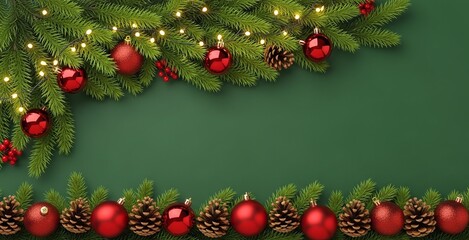 Festive christmas background with green fir branches, red ornaments, pinecones, and twinkling lights forming a holiday border on a rich green surface