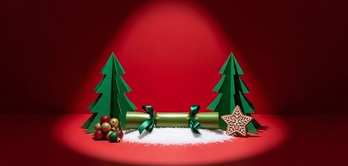 Festive christmas scene with green paper trees, a traditional cracker, a gingerbread star, and ornaments on snow, illuminated by a spotlight on a red background