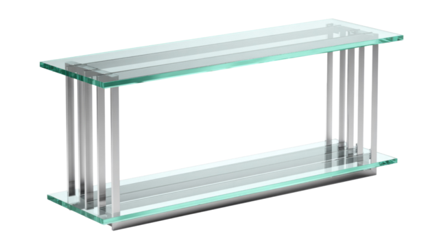 Elegant two-tier console table featuring clear glass shelves and polished silver metal supports. Ideal for modern minimalist interior design and display. background removed
