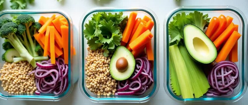 Vibrant meal prep containers filled with fresh vegetables and grains are gently arranged as the camera slowly pans over, capturing the colorful, healthy food ingredients in a cinematic style.