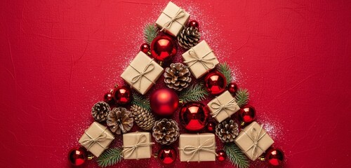 Christmas tree shape made from festive decorations gift boxes, red baubles, pinecones, and fir branches, on a vibrant red background with a dusting of snow