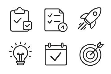 Business planning and success symbols including checklist document rocket launch idea calendar and target achievement