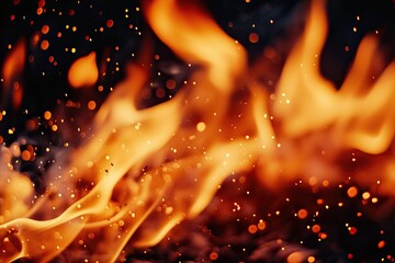 Blurry orange flames with sparks and smoke against dark backdrop