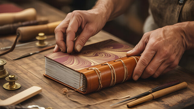 Hands delicately hand-binding artist journal with decorative endpapers and leather spine, warm studio lighting, artisanal book arts, luxury creative tool, refined handcrafted object