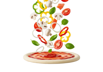 Vibrant bell peppers, mushrooms, tomatoes, onions, basil, and salmon falling onto pizza dough with sauce on transparent studio background, concept of culinary art and freshness