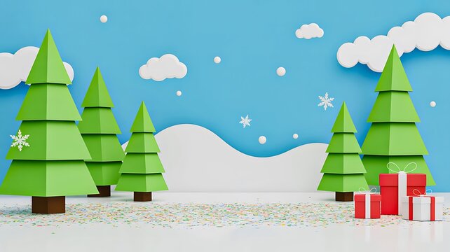 Cute winter christmas landscape with cartoon trees snow and gift boxes in bright blue scene
- Powered by Adobe