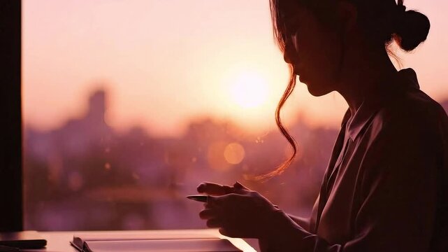 Silhouette of a woman writing at a desk with a pen against a beautiful sunset backdrop creating a serene and inspiring atmosphere indoors