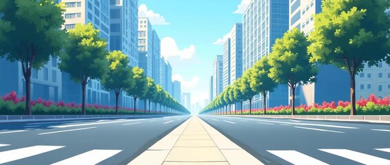 An illustration of autonomous traffic control technologies showcased in an urban setting, emphasizing symmetry and a clean design with copy space for informative titles.