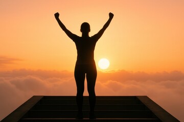 Fototapeta premium Sunrise Silhouette: A silhouette of a person standing on a high platform with arms raised against the backdrop of a vibrant sunrise. The image evokes feelings of hope, aspiration, and triumph. 