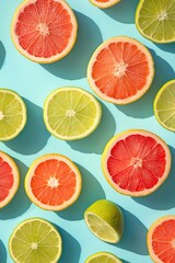 Obraz premium Citrus slices grapefruit, lime, on bright blue