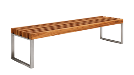 A stylish modern bench featuring a slatted teak wood seat and sleek rectangular stainless steel legs, presented on a transparent background. background removed