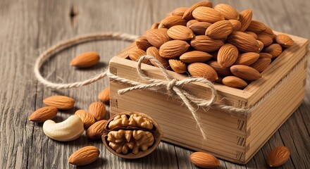 Almonds in rustic wooden box