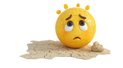 A sad, cracked emoji resembling a sun sits on parched, cracked earth, symbolizing drought, global warming, and environmental distress with worried eyes. background removed