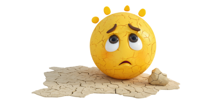 A sad, cracked emoji resembling a sun sits on parched, cracked earth, symbolizing drought, global warming, and environmental distress with worried eyes. background removed