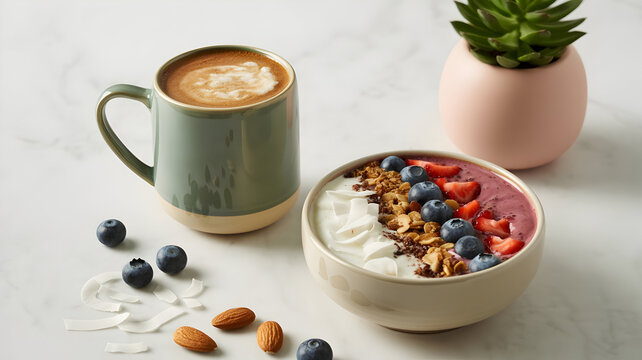 Premium beverage photography setup in minimalist artist studio, craft coffee and artisanal smoothie bowls staged with natural ingredients, soft pastel props, bright studio lighting, lifestyle luxury
