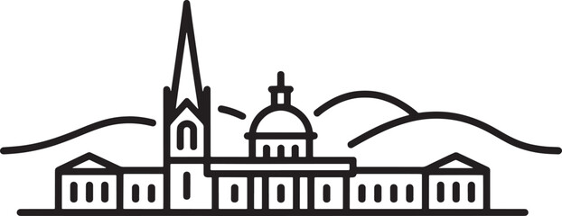 Naklejka premium Outline of a city with a tall spire and mountains in the background in black color