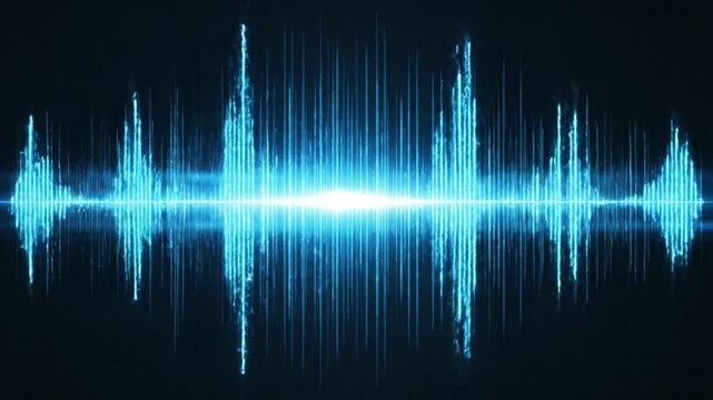 Cyan audio waveform graphic peaks  troughs visible centered bright light on horizontal axis on black backdrop