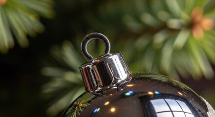 A detailed closeup of a shiny silver christmas tree ornament, reflecting festive lights and holiday decorations, set against a softly blurred green fir branch