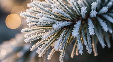 Delicate frost covers a pine branch, glistening in the soft winter light, creating a serene and festive atmosphere with warm bokeh in the background